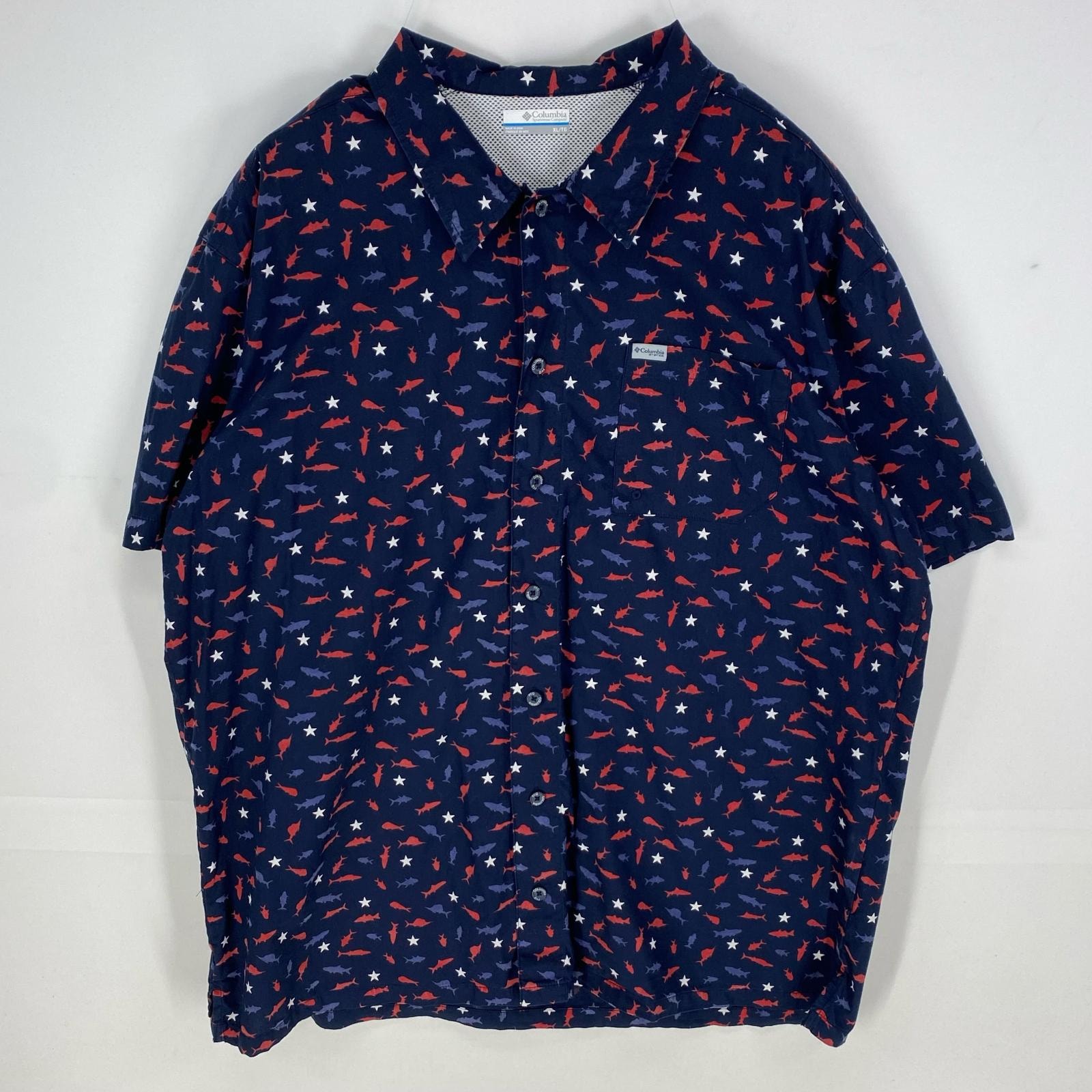 古着 コロンビア Columbia 半袖シャツ PFG サメ ワンポイントロゴ 大きいサイズ アウトドア XL ネイビー系 メンズ