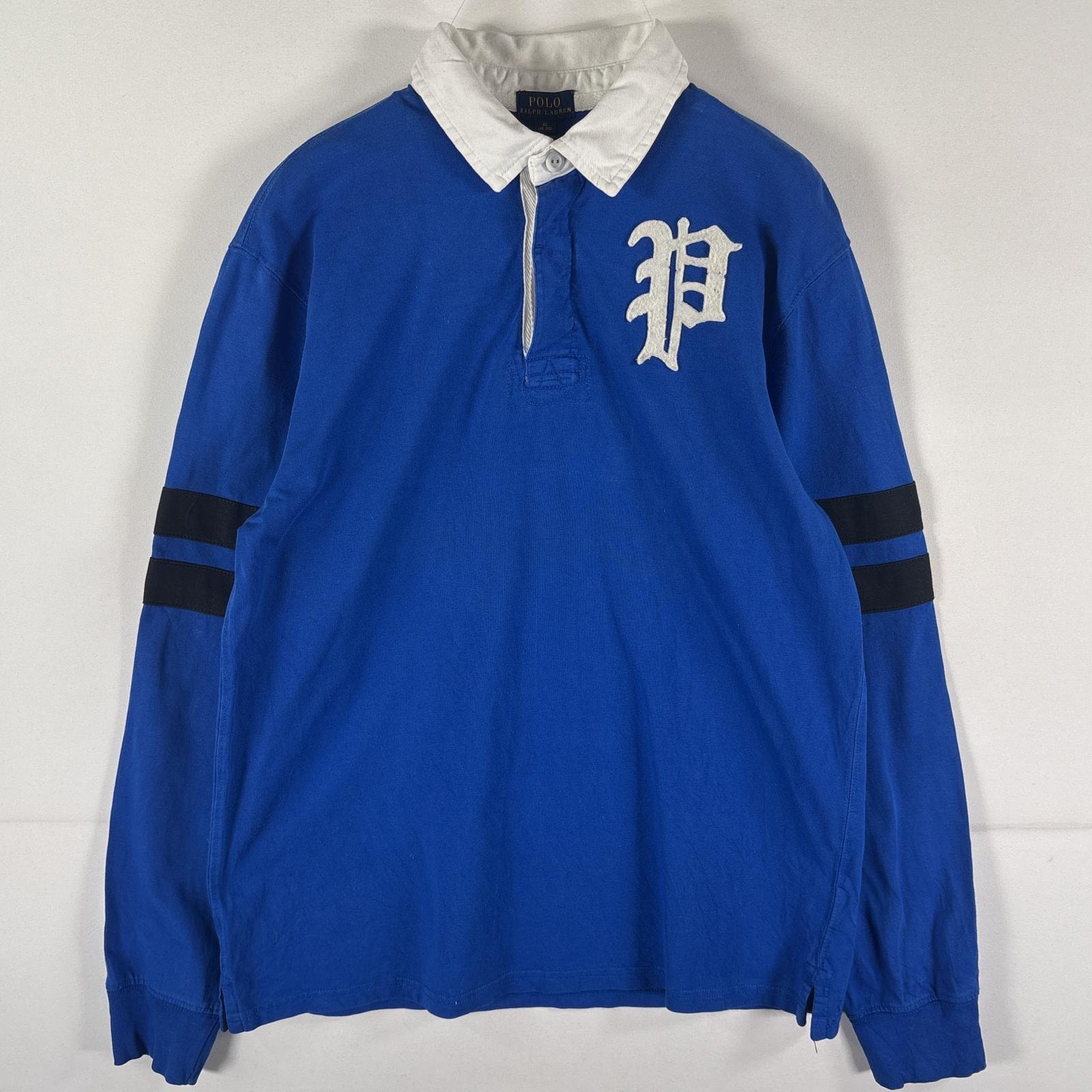 古着 ポロ・ラルフローレン POLO RALPH LAUREN 長袖 ラガーシャツ ワンポイントワッペンロゴ バックロゴ ポロシャツ XL ブルー ボーイズ