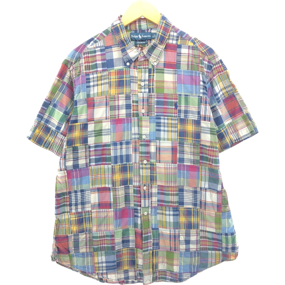 古着 ラルフローレン Ralph Lauren CUSTOM FIT パッチワーク 半袖 ボタンダウン チェックシャツ メンズXL相当/eaa542670