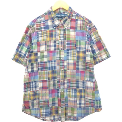 古着 ラルフローレン Ralph Lauren CUSTOM FIT パッチワーク 半袖 ボタンダウン チェックシャツ メンズXL相当/eaa542670