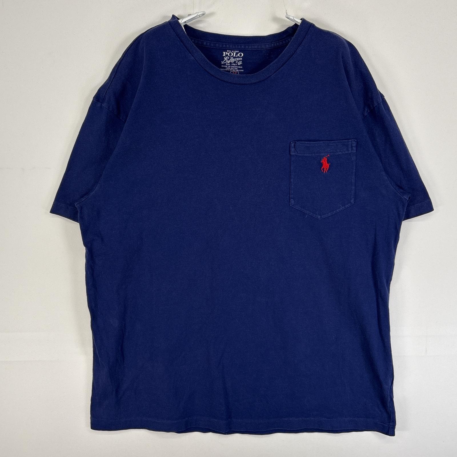 古着 ポロ・ラルフローレン POLO RALPH LAUREN 半袖Tシャツ ロゴ 刺繍 胸ポケ クルーネック フェード M  ブルー 無地 メンズ