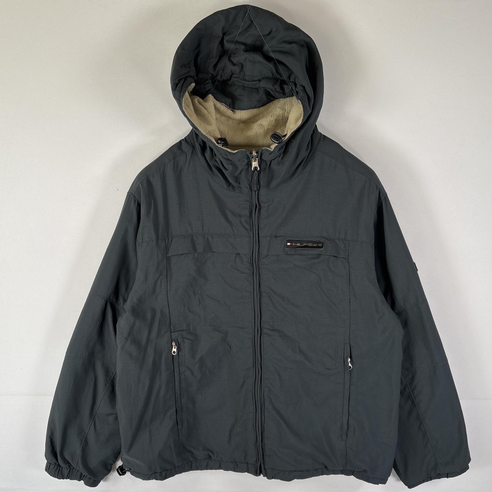 古着 トミーヒルフィガー TOMMY HILFIGER ナイロンジャケット リバーシブル パーカー フリース フルジップ XL  グリーン系 メンズ