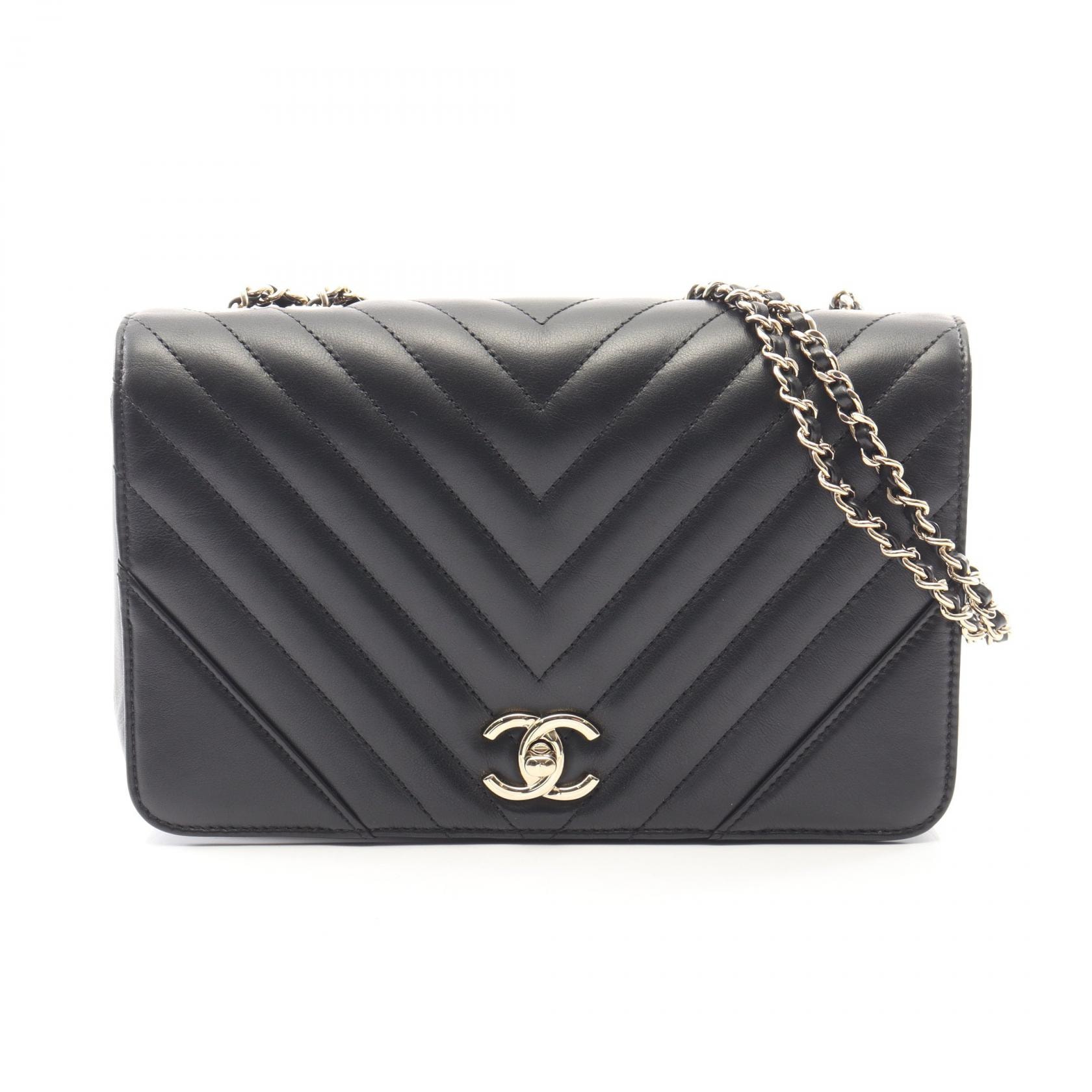 シャネル CHANEL Vステッチ シェブロン フルフラップ ショルダーバッグ バッグ ラムスキン(羊革) レディース ブラック系 【中古】