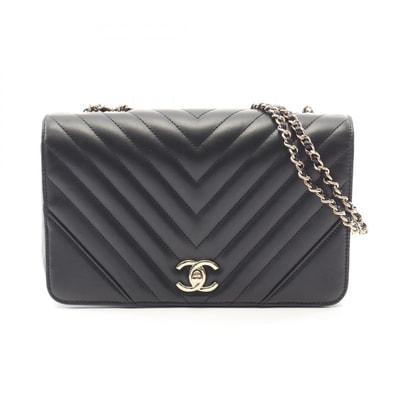 シャネル CHANEL Vステッチ シェブロン フルフラップ ショルダーバッグ バッグ ラムスキン(羊革) レディース ブラック系 【中古】