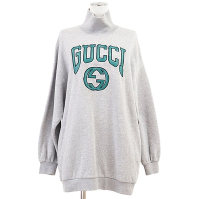 【美品】GUCCI グッチ スウェット GG インターロッキング エンブロイダリー 刺繍 コットン100% ハイネック オーバーサイズ プルオーバー ロングスリーブ 長袖 ワンピース トップス レディース サイズ S グレー グリーン 灰色 緑 イタリア製