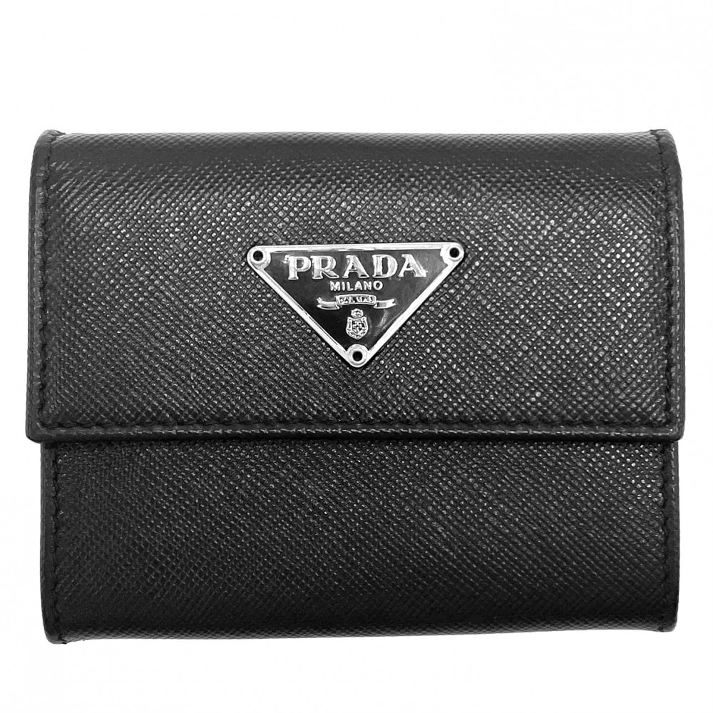 PRADA プラダ コインケース サフィアーノ トライアングルロゴ 小銭入れ コンパクトウォレット レザー ブラック 黒 シルバー金具 レディース 美品【中古品】