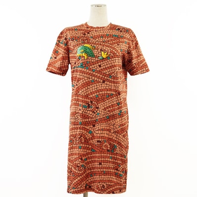 美品 エルメス モザイク タイル柄 イルカ ロゴ プリント ストレートシルエット ワンピース レディース ブラウン S HERMES