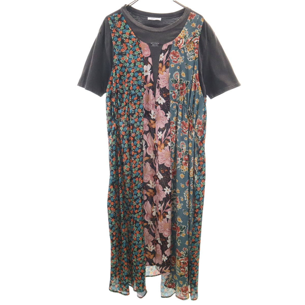 ZARA WOMAN ザラウーマン 花柄 半袖 レイヤード ワンピース S チャコールグレー