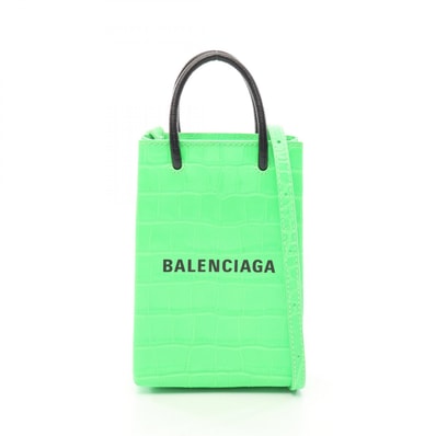 バレンシアガ BALENCIAGA SHOPPING PHONE HOLDER ショッピング フォンフォルダー ネオンカラー クロコ型押し 2WAY ショルダーバッグ バッグ レザー レディース グリーン系 / ブラック系 593826 【中古】