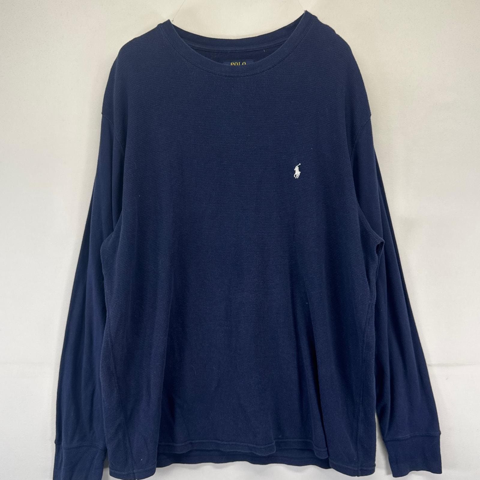 古着 ポロ・ラルフローレン POLO RALPH LAUREN 長袖Tシャツ ワンポイントロゴ刺繍 サーマル ワッフル生地 2XL  ネイビー系 メンズ