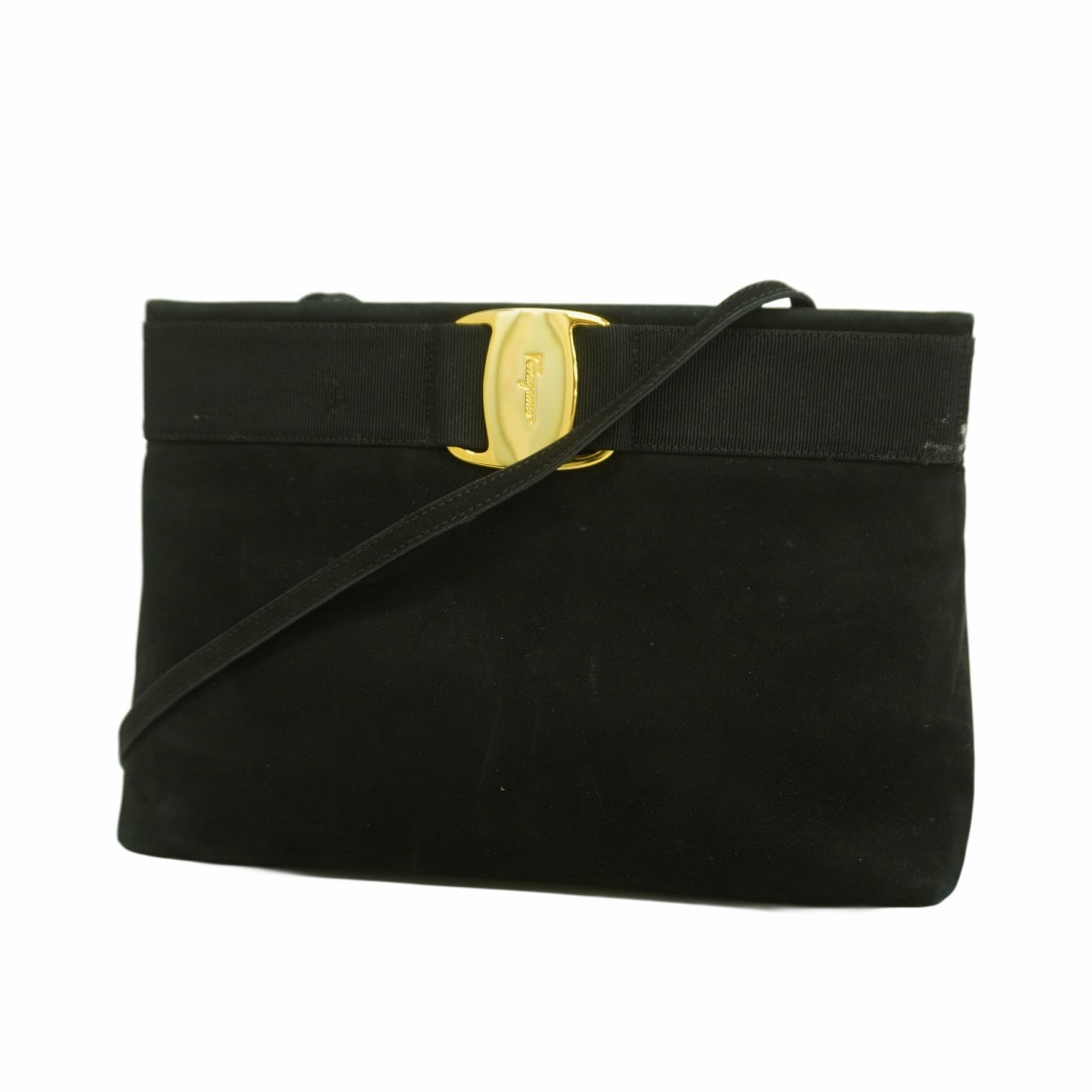 【6dd5182】サルヴァトーレフェラガモ ショルダーバッグ ヴァラ スウェード ブラック ゴールド金具【中古】レディース