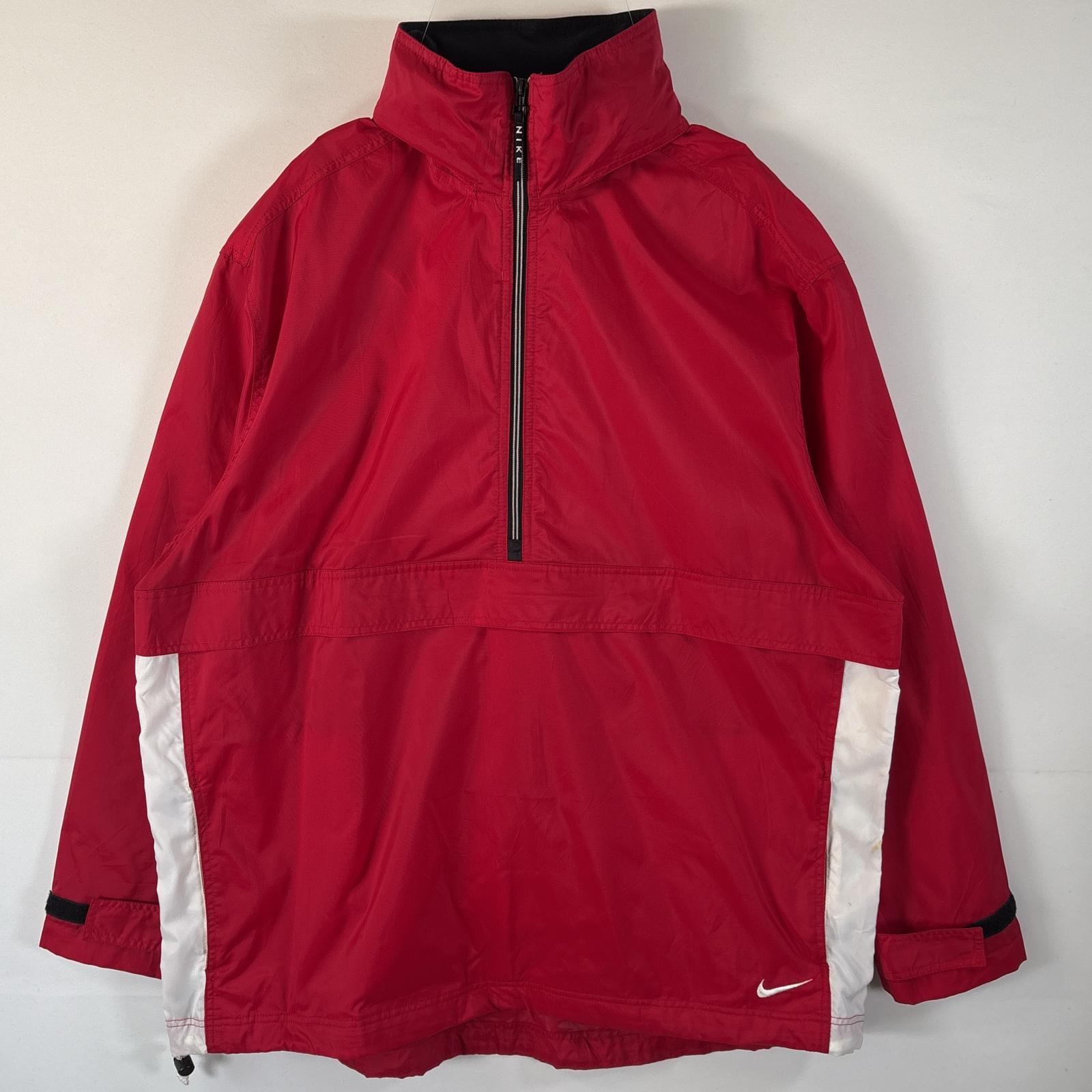古着 ナイキ NIKE ナイロンジャケット アノラックパーカー ハーフジップ ワンポイントロゴ刺繍 大きいサイズ XL  レッド メンズ