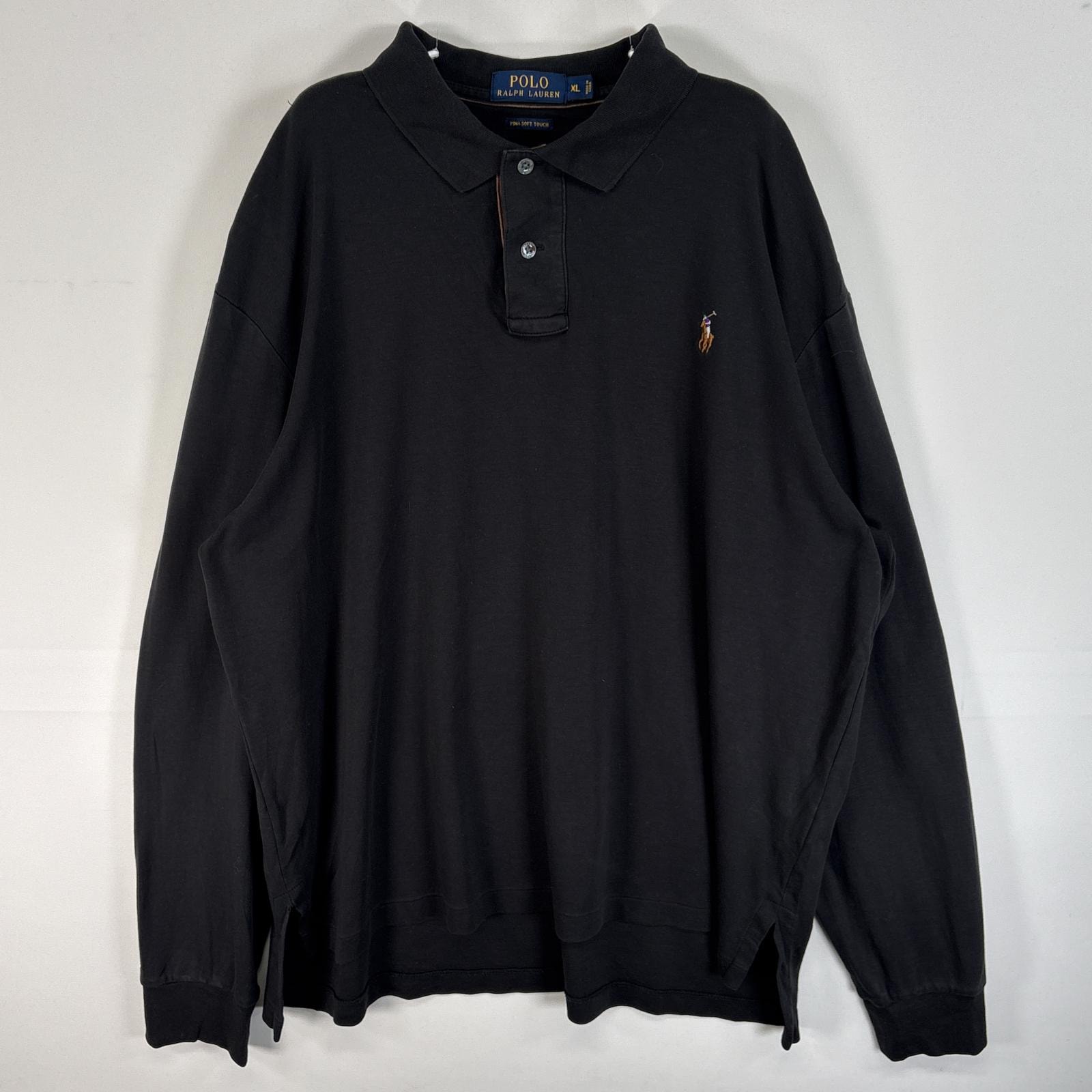 古着 ポロ・ラルフローレン POLO RALPH LAUREN 長袖 ポロシャツ ロゴ 刺繍 大きいサイズ 2ボタン XL  ブラック 無地 メンズ