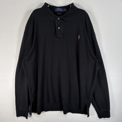 古着 ポロ・ラルフローレン POLO RALPH LAUREN 長袖 ポロシャツ ロゴ 刺繍 大きいサイズ 2ボタン XL ブラック 無地 メンズ