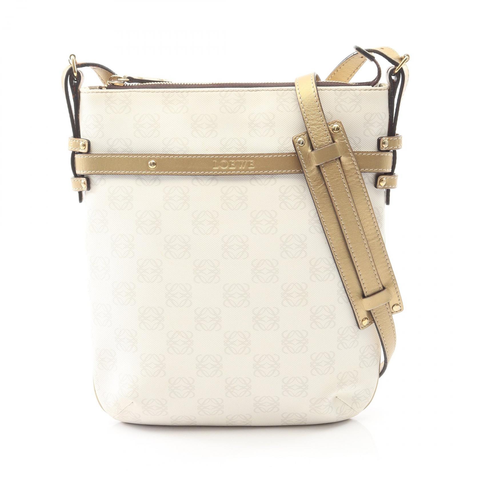 ロエベ LOEWE リピートアナグラム ショルダーバッグ バッグ PVCコーティングキャンバス レザー レディース ホワイト系 / ゴールド系 【中古】