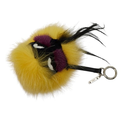 フェンディ モンスター バッグチャーム キーホルダー イエロー ブラック ファー レザー レディース FENDI 【中古】