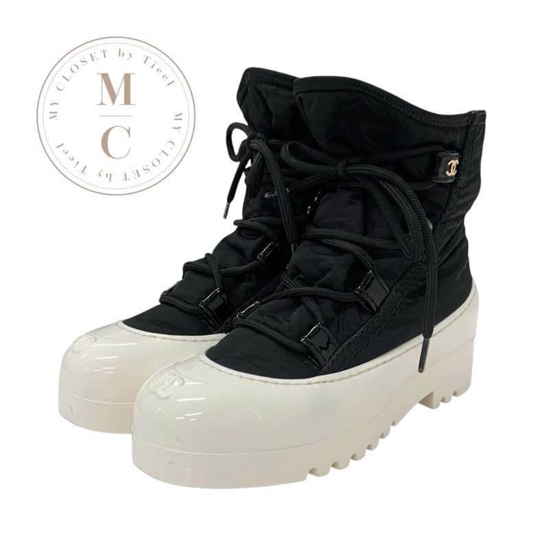 シャネル CHANEL ブーツ ショートブーツ 靴 シューズ ナイロン パテント ブラック ホワイト ココマーク レースアップ