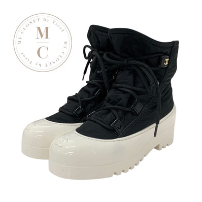シャネル CHANEL ブーツ ショートブーツ 靴 シューズ ナイロン パテント ブラック ホワイト ココマーク レースアップ