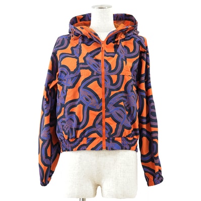 【極美品】HERMES エルメス ブルゾン ジップアップ サイズ 36 レディース Stirrup Fantasy 鐙の幻想 ロゴ ナイロン100% フード 総柄 アウター オレンジ ネイビー 紺 橙色 イタリア製