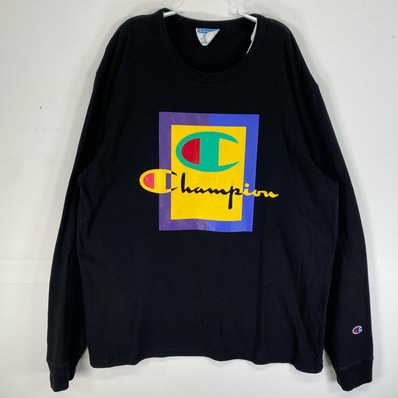 古着 チャンピオン Champion 長袖Tシャツ ビッグロゴ クルーネック 肉厚 L ブラック プリント メンズ