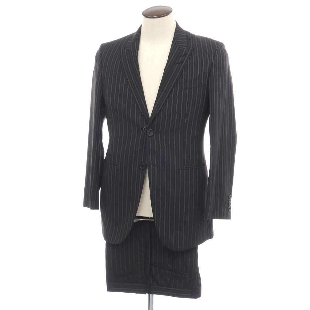 【中古】ポールスミスコレクション PAUL SMITH COLLECTION Super130’S ウール&シルク ストライプ 2つボタンスーツ ブラックxグレー【サイズL】【メンズ】