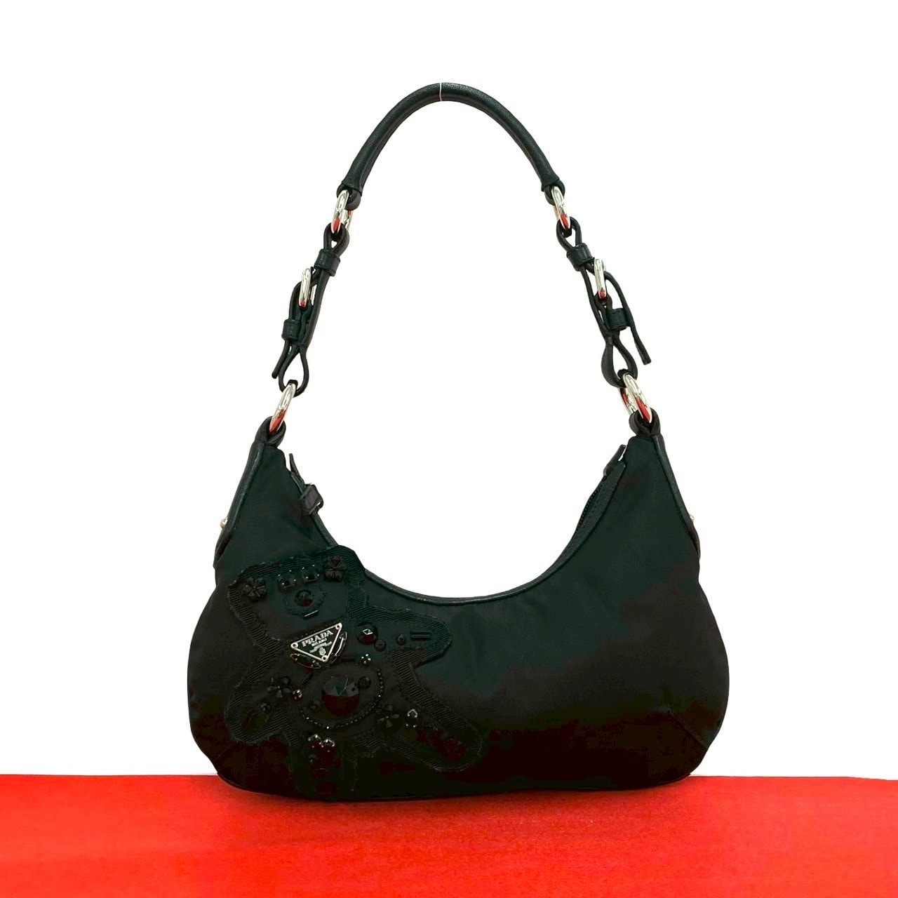PRADA プラダ イブニングベア 三角ロゴ 金具 ナイロン レザー ビーズ ショルダーバッグ ブラック
 249-2