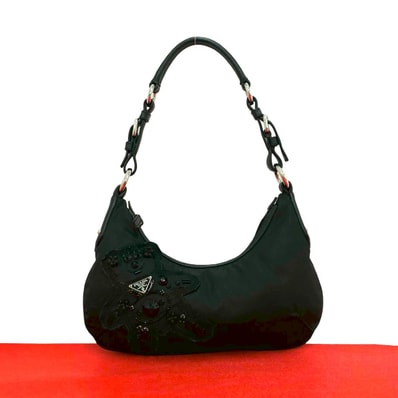 PRADA プラダ イブニングベア 三角ロゴ 金具 ナイロン レザー ビーズ ショルダーバッグ ブラック
249-2