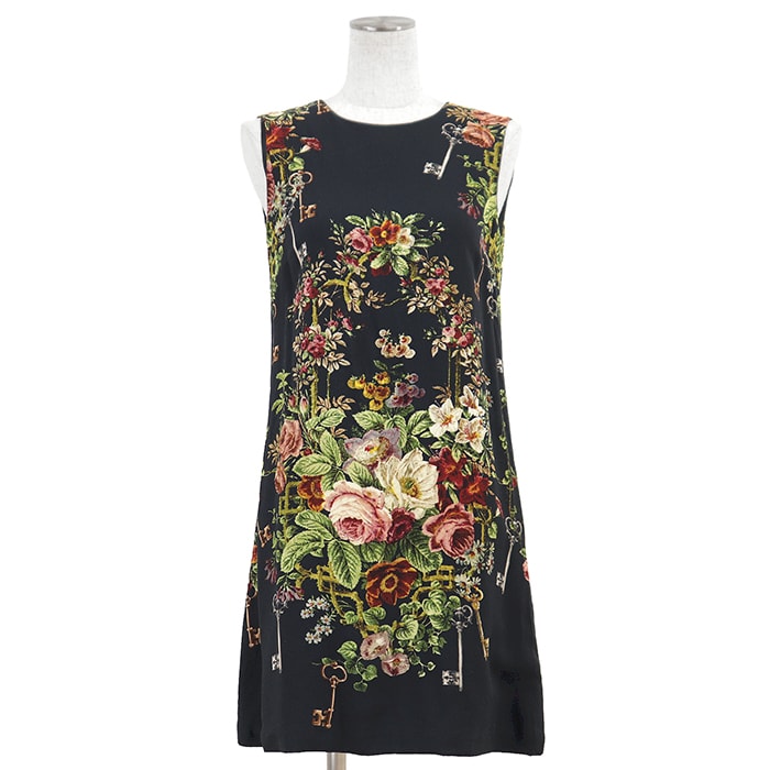 SALE【美品】DOLCE&GABBANA ドルチェアンドガッバーナ ワンピース サイズ 40 レディース フローラル 花柄 キープリント ノースリーブ ドレス ブラック 黒 イタリア製