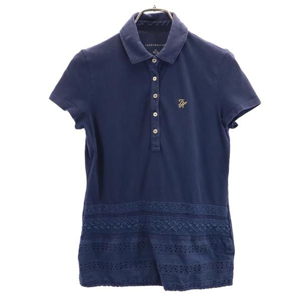 TOMMY HILFIGER トミーヒルフィガー レース切替えデザイン 半袖 レース切替 ポロシャツ S ネイビー 鹿の子