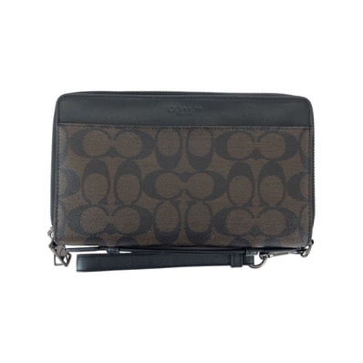 美品 COACH コーチ シグネチャー ブラウン ダークブラウン ブラック コーティングキャンバス 長財布 オーガナイザー クラッチバッグ 600104 【中古】
