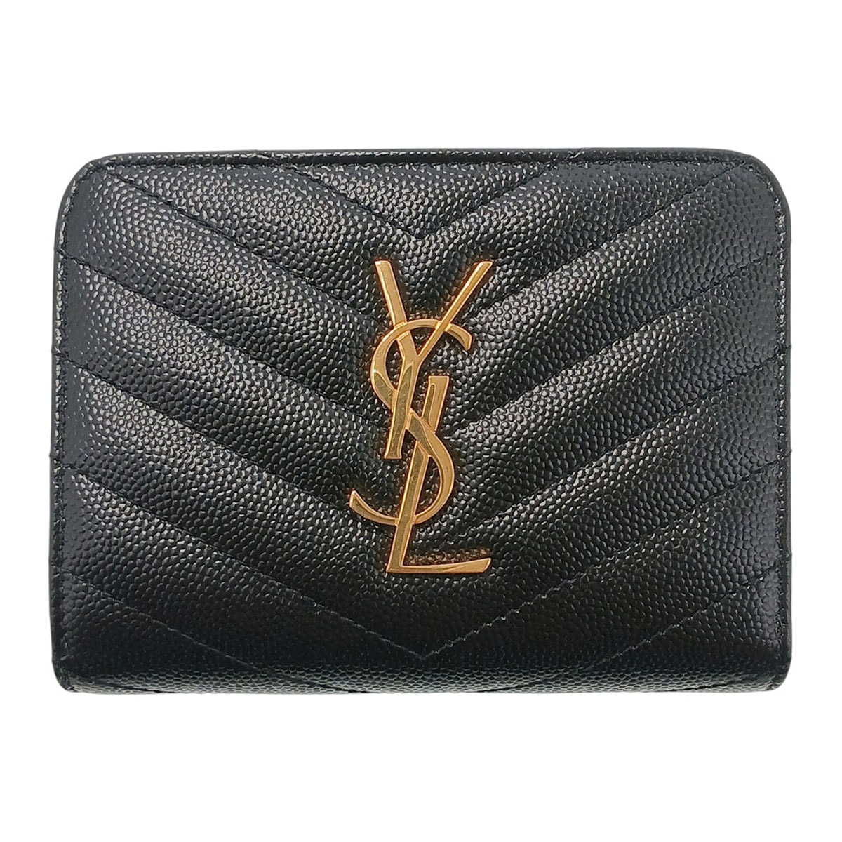 SAINT LAURENT サンローラン Vステッチ カサンドラ モノグラム コンパクトウォレット 二つ折り財布 403723 レザー ブラック ゴールド金具  レディース【中古】