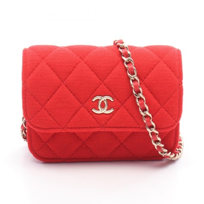 シャネル CHANEL マトラッセ スモールフラップ チェーンショルダー ショルダーバッグ バッグ レザー コットンジャージ レディース レッド系 【中古】