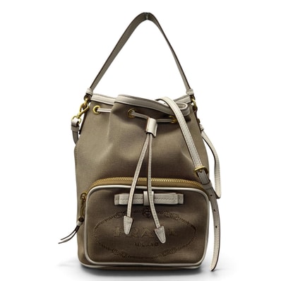 PRADA 極美品 プラダ LOGO JACQUARD ロゴジャガード バケットバッグ 2way ハンドバッグ ショルダーバッグ 1BH097 キャンバス レザー リボン 巾着 Aランク 鑑定済 中古 プラダバッグ