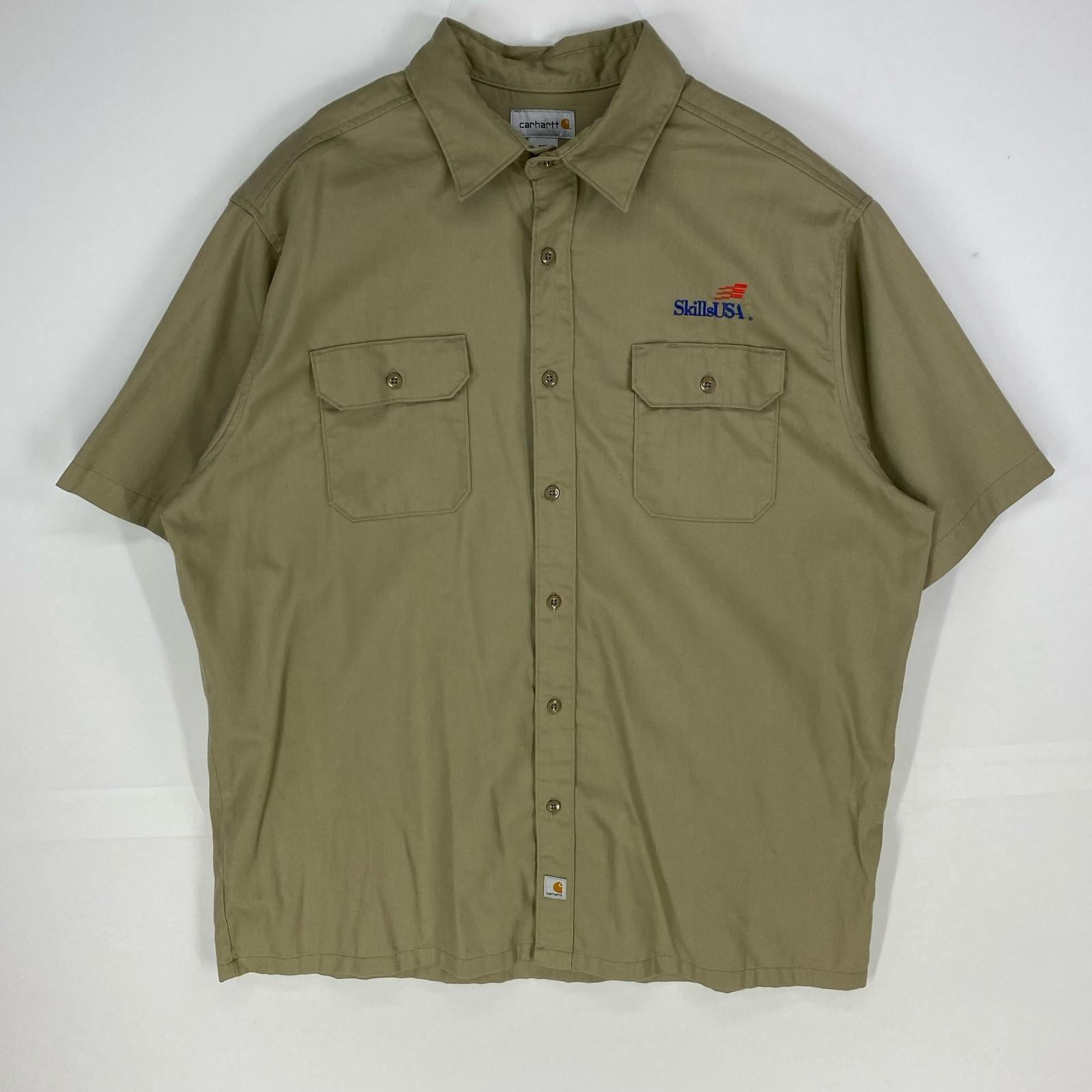 古着 カーハート Carhartt 半袖シャツ 企業ロゴ刺繍 ワーク 胸ポケット ショートスリーブ 2XL  ベージュ系 メンズ