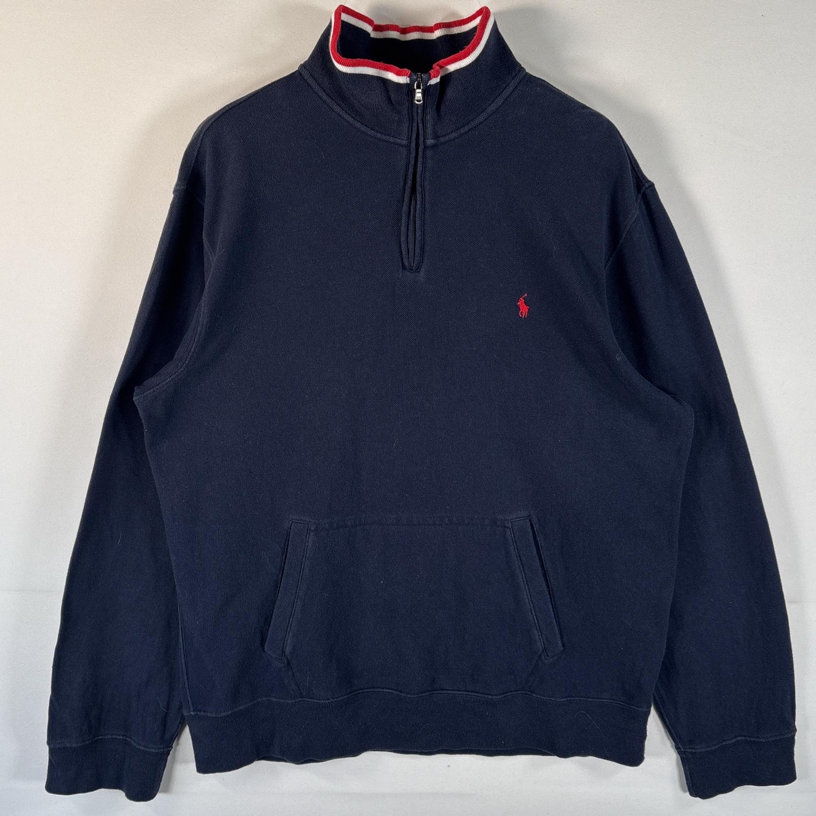 古着 ポロバイラルフローレン Polo by Ralph Lauren トレーナー プルオーバー ハーフジップ ワンポイントロゴ刺繍 L  ネイビー メンズ