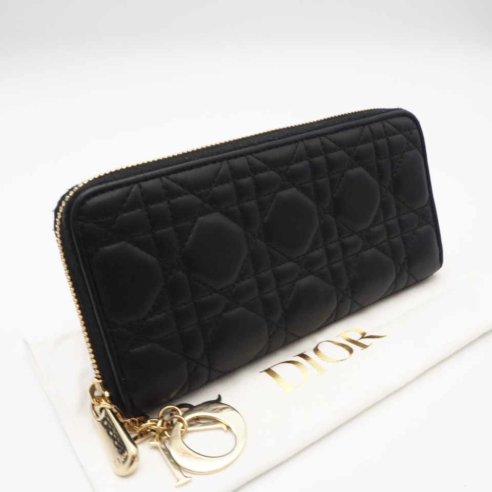 美品 Christian Dior クリスチャンディオール カナージュ ラムスキン Lady Dior Voyageur ウォレット S0007ONMJ 長財布 ブラック ラムスキン レディース