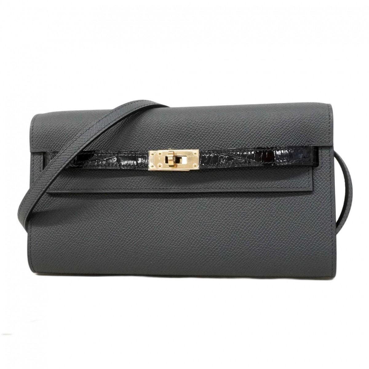 【6dd4936】エルメス ショルダーウォレット ケリーウォレットトゥーゴータッチ アリゲーター ヴォーエプソン ブラック グリミスティ シャンパンゴールド金具 W刻印【中古】レディース