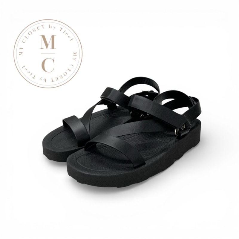 エルメス HERMES エニド サンダル 靴 シューズ レザー ブラック 黒 シルバー Hディアマンバックル ベルクロ ストラップ スポーツサンダル