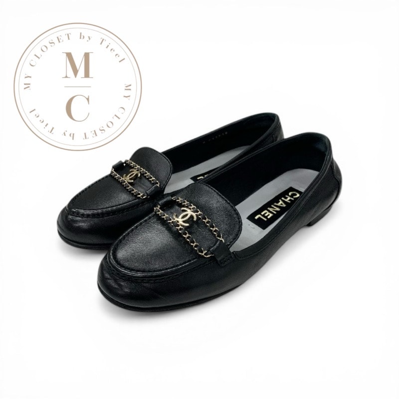 シャネル CHANEL フラットシューズ 靴 シューズ レザー ブラック ゴールド 黒 ココマーク チェーン
