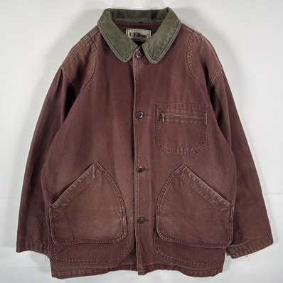 古着 エルエルビーン L.L.Bean カバーオール ダック地 襟コーデュロイ 大きめ 長丈 ブラウン グリーン メンズ
