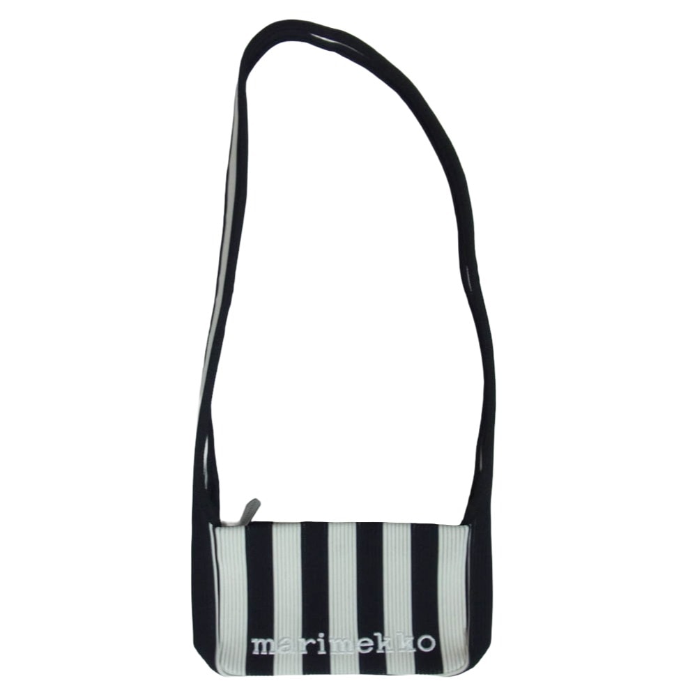 marimekko マリメッコ ショルダーバッグ 94146 ニット ストライプ ロゴ刺繍 ショルダー バッグ ブラック系【美品】【中古】