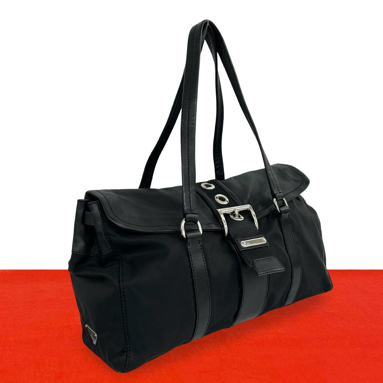 PRADA プラダ 三角 ロゴ 金具 ナイロン レザー トートバッグ ブラック
 06013