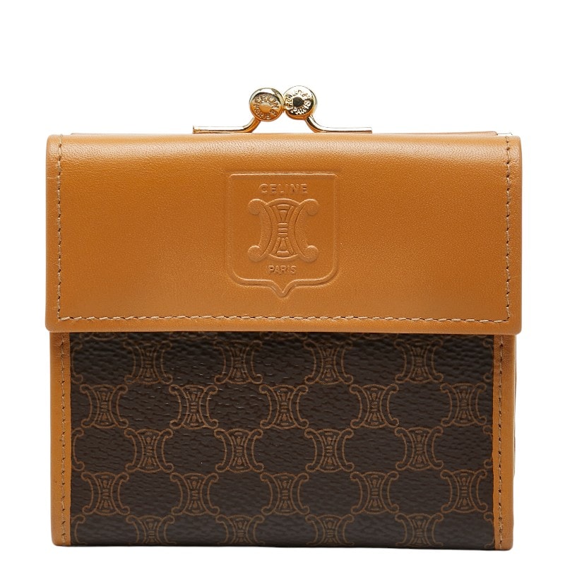 セリーヌ マカダム がま口 二つ折り財布 ブラウン ゴールド PVC レザー レディース CELINE 【中古】