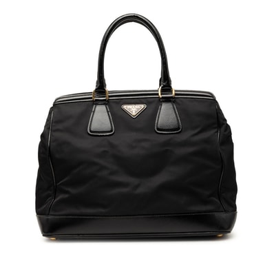プラダ サフィアーノ 三角ロゴプレート ハンドバッグ ブラック ナイロン レザー レディース PRADA 【中古】