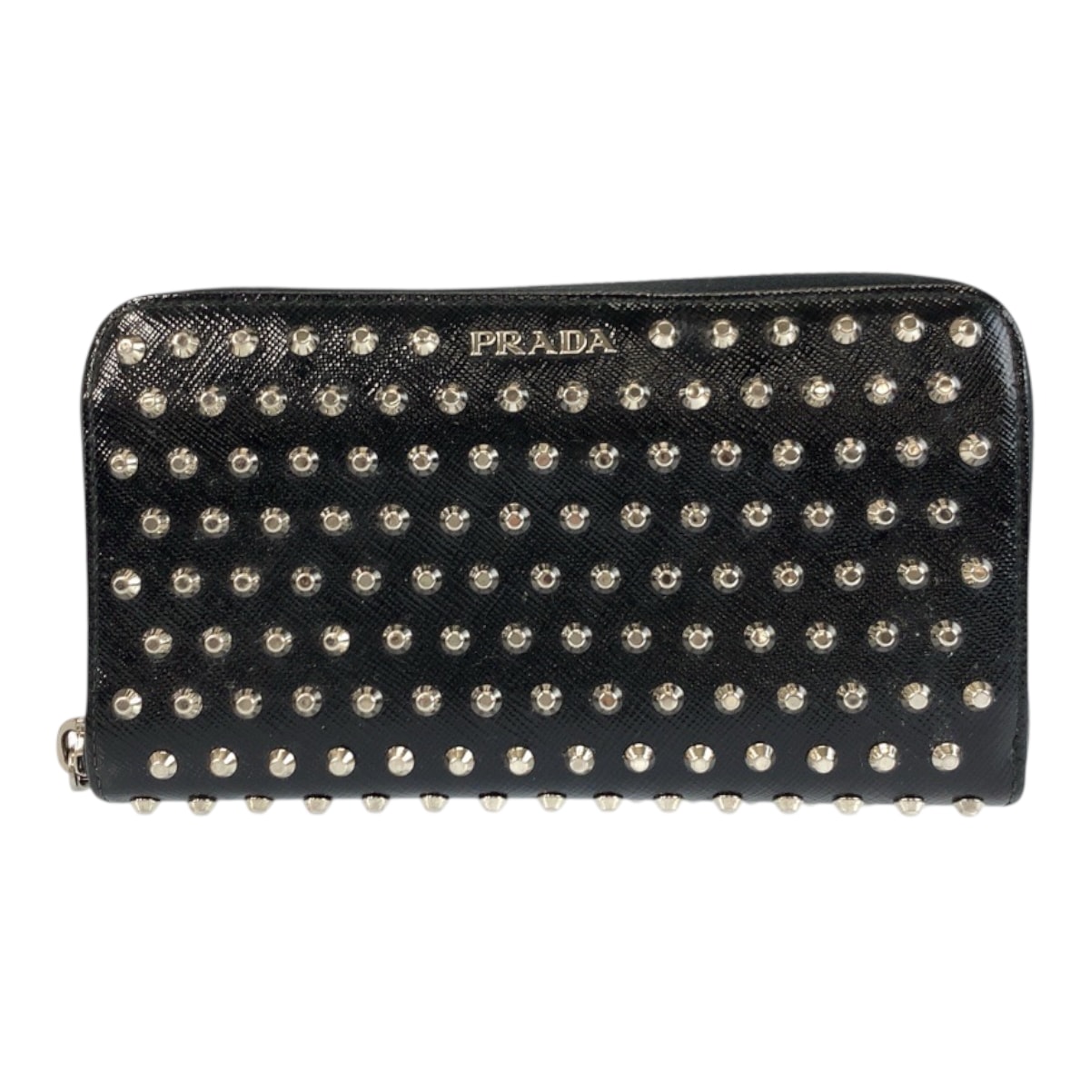 美品 PRADA プラダ スタッズ ブラック 黒 レッド シルバー金具 パテントレザー 長財布 ロングウォレット 600466 【中古】