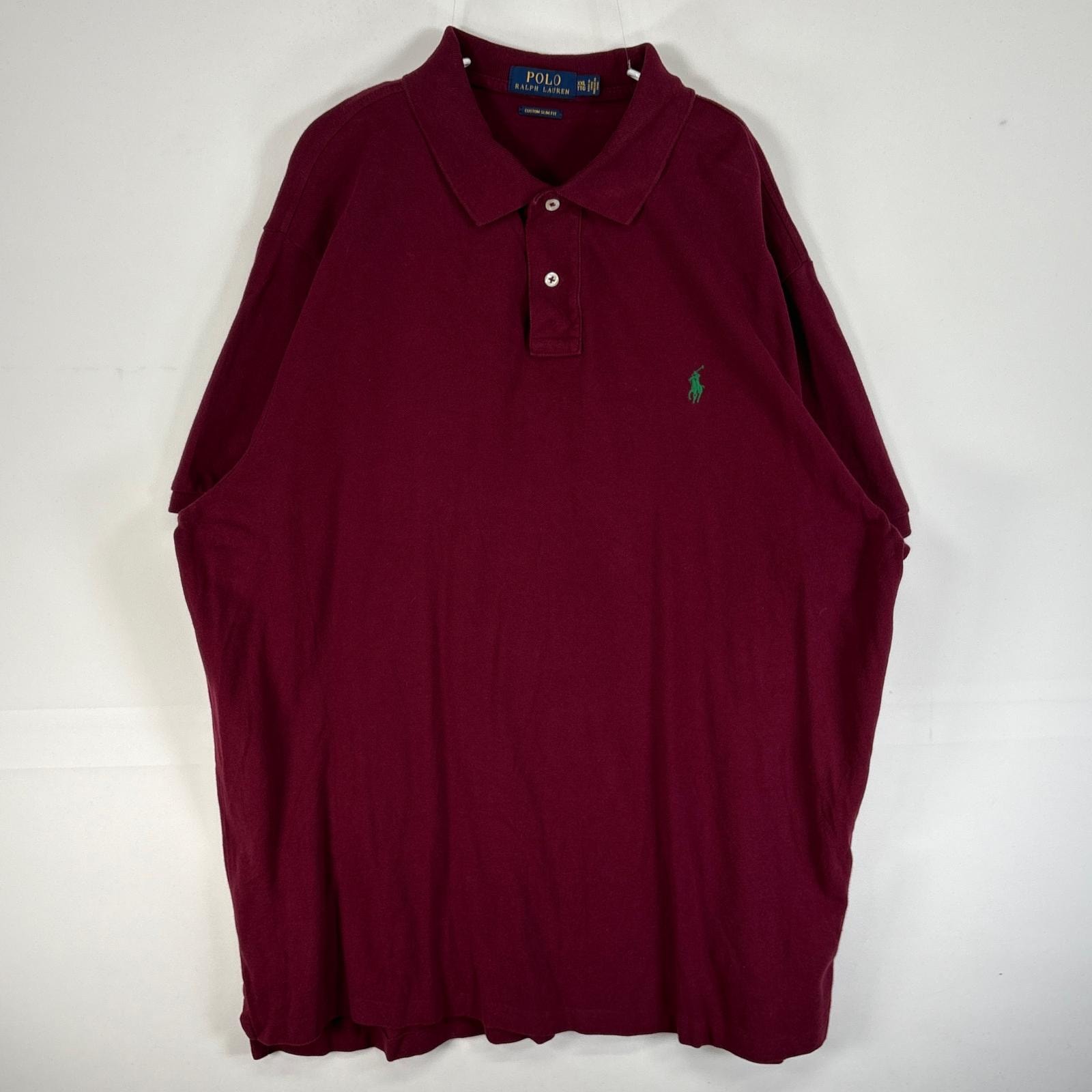 古着 ポロ・ラルフローレン POLO RALPH LAUREN 鹿の子 半袖 ポロシャツ ロゴ 刺繍 大きいサイズ 2ボタン 14041  ワインレッド 無地 メンズ