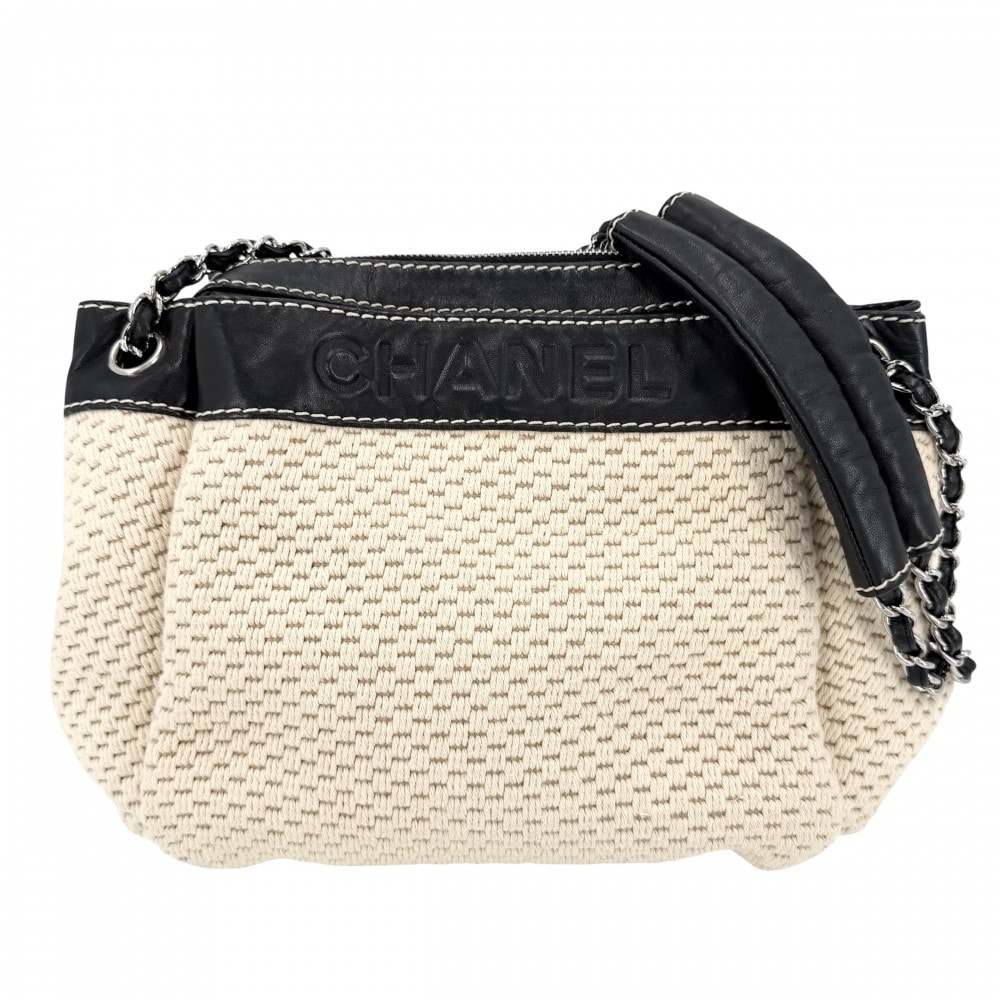 CHANEL シャネル ハンドバッグ ロゴ チェーン 肩掛け レザー  キャンバス   ベージュ ブラック 黒 シルバー金具 レディース【中古品】