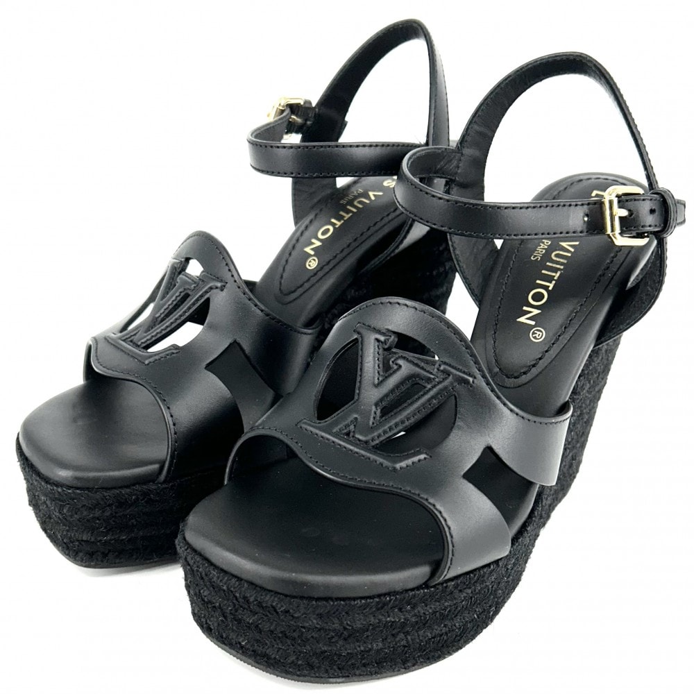 LOUIS VUITTON ルイヴィトン サンダル LVイソラ ミュール 厚底 37サイズ 約24cm ブラック 黒 ウェッジソール 靴 1AD5E0    ノワール ゴールド金具 レディース 美品【中古品】