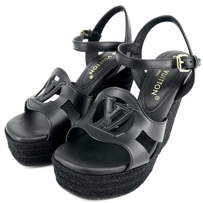 LOUIS VUITTON ルイヴィトン サンダル LVイソラ ミュール 厚底 37サイズ 約24cm ブラック 黒 ウェッジソール 靴 1AD5E0 ノワール ゴールド金具 レディース 美品【中古品】