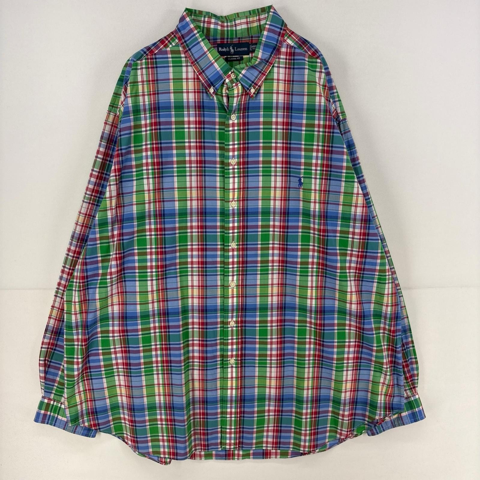古着 ラルフローレン RALPH LAUREN 長袖シャツ ワンポイント マルチカラー 大きいサイズ 4XLT グリーン系 チェック メンズ